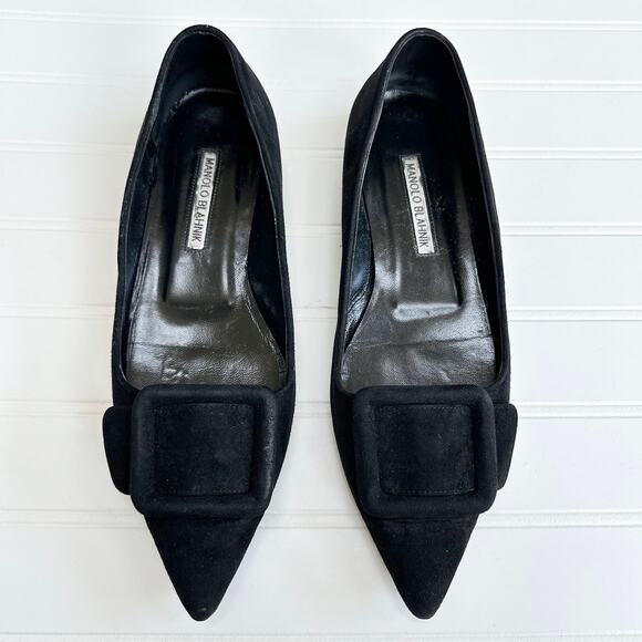 Manolo Blahnik Maysale Flats Black Suede Buckle Pointed Toe Ballerina 37.5 - Picture 1 of 9